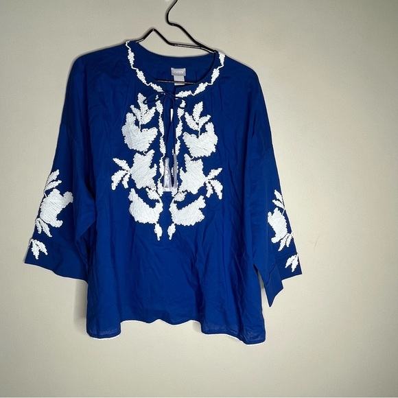 NWT Chico’s Embroidered Belladonna Blue Peasant Top 3/4 Sleeves Size 3 (XL/16) - Picture 2 of 15